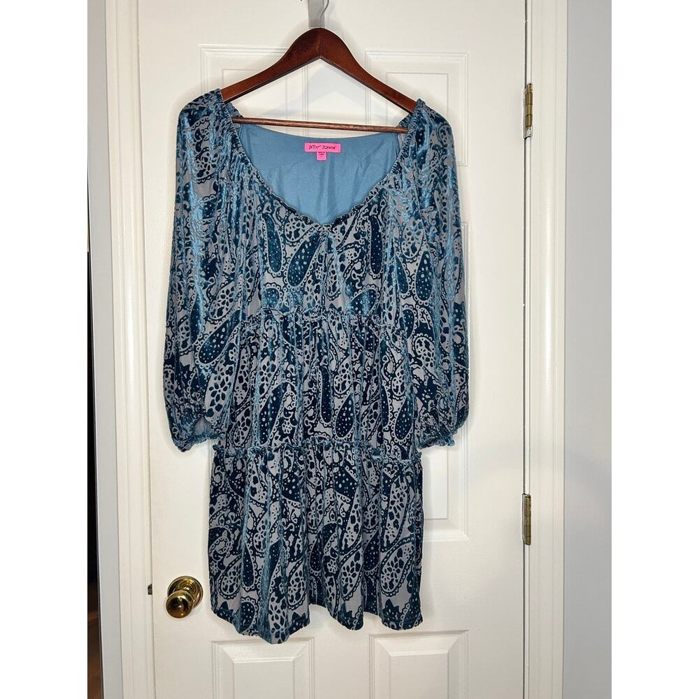 Betsey Johnson Blue Velvet Burnout Paisley Dress Large Sheer Sleeve Babydoll